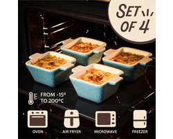 Mini keramische ovenschaal set van 4 - Stapelbaar - Kras- en snijbestendig - Geschikt voor oven & airfryer - Vaatwasmachinebestendig - Blauw