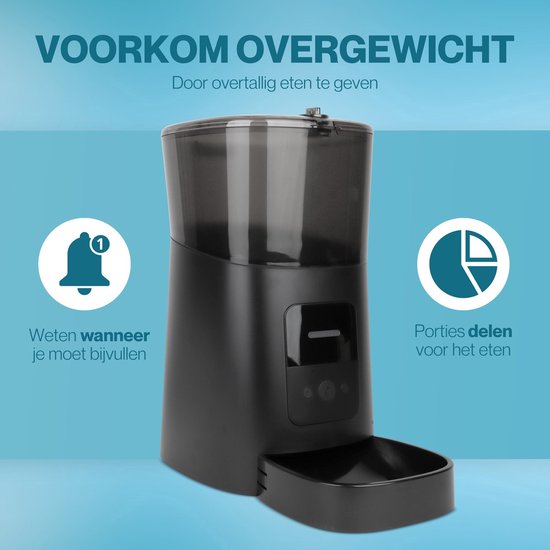 Zwarte automatische voerbak met een indicator voor bijvullen en een grafiek voor porties.