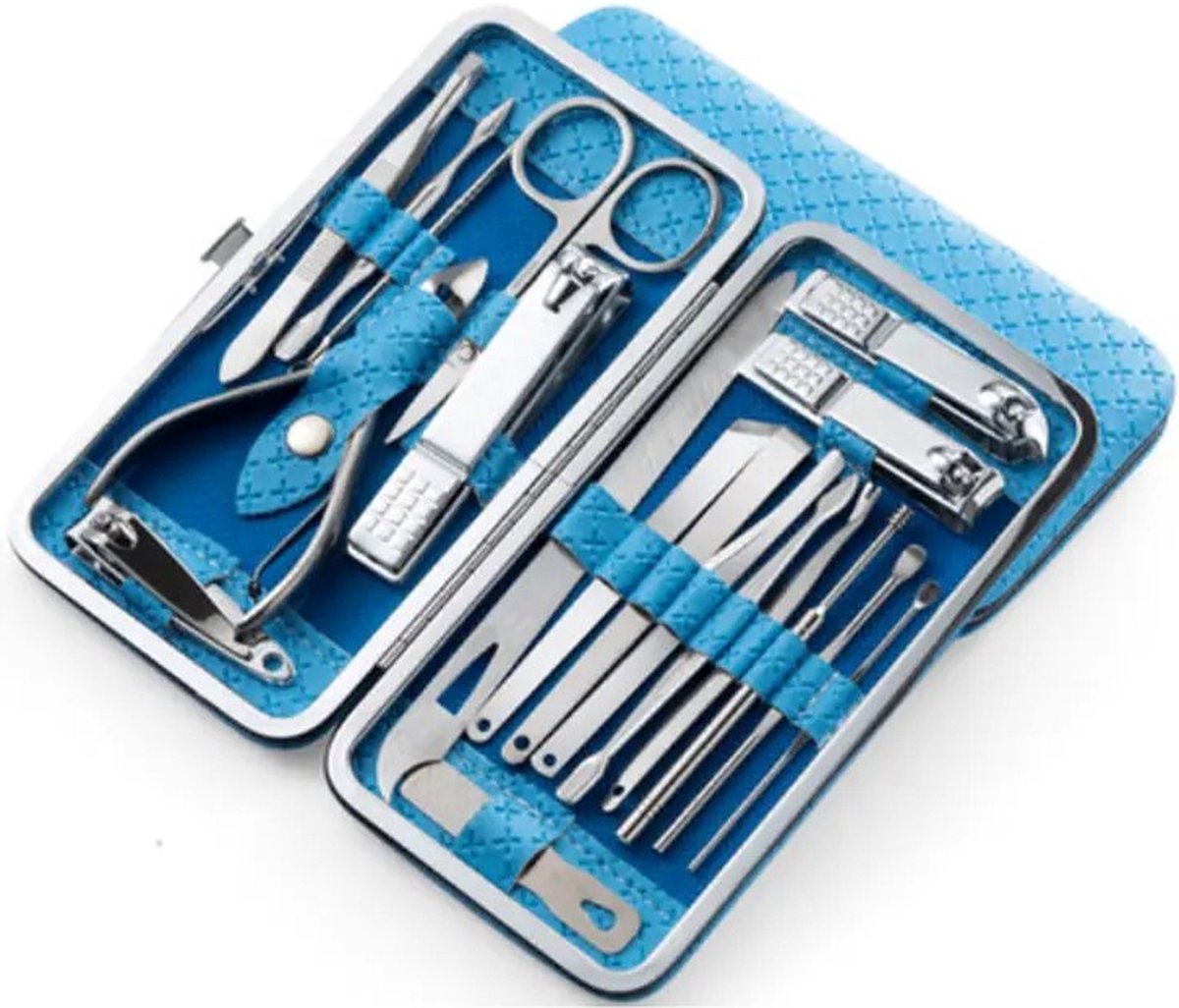 Goedkoopste 19-delige Professionele Manicure Set & Pedicure set met Nagelvijl & Nageltang – Manicure Etui - Nagelknipper - Blauw