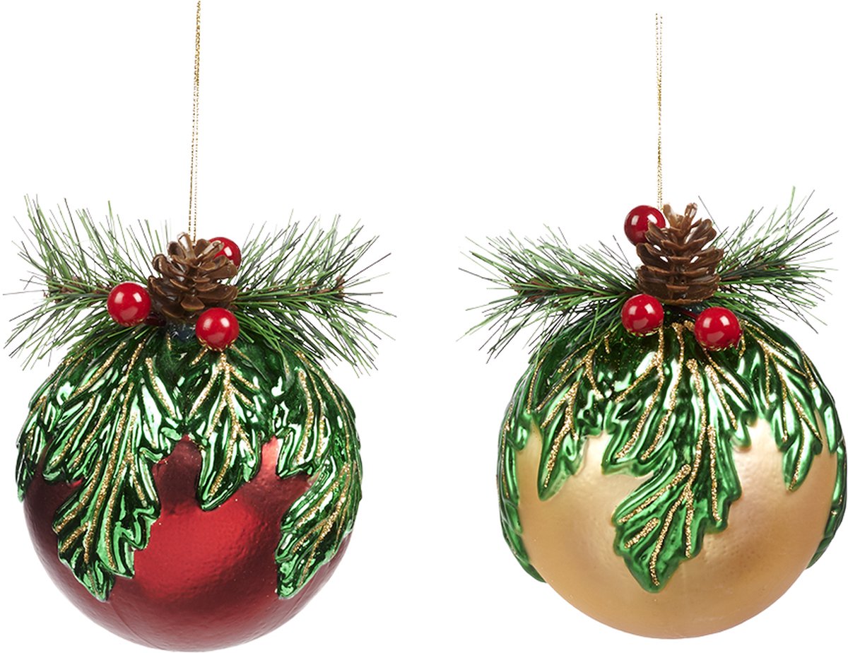 Viv! Christmas Kerstbal - Dennenappel en dennentak - set van 2 - glas - rood groen - 10cm