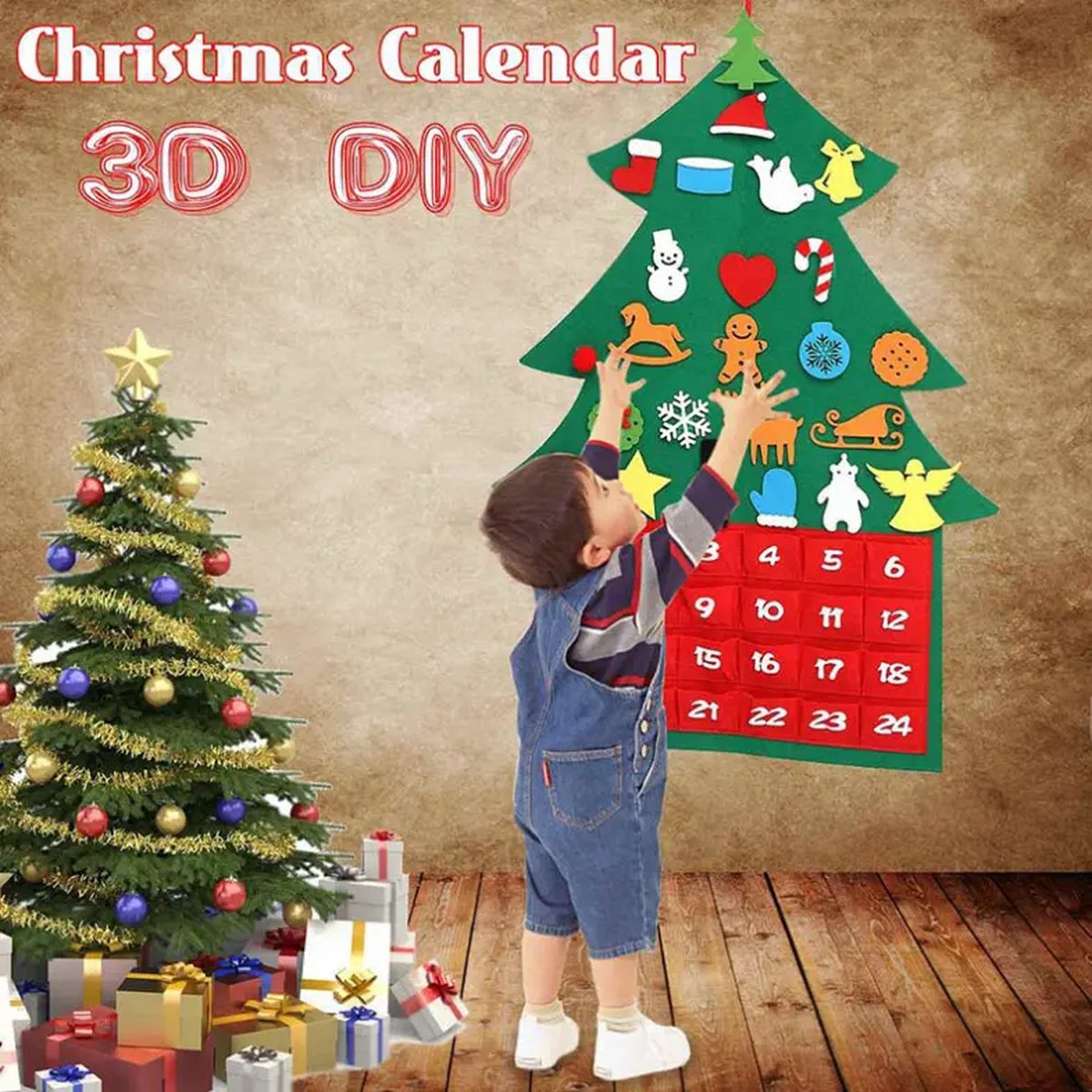 Kerstmis Aftel Kalender - DIY Countdown to Christmas - Zelf te Vullen -Advent Calender - Vilten Kerstboom - Baby`s First Christmastree - Kinder Kerstboom Vilt - Incl Accessoires - Kerstdecoratie - Merry Christmas -