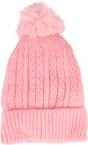 Beanie Muts Knitted Extra Warm Roze Warme Gebreide Gevoerde Winter Pompom Pompon Furry One Size Pink
