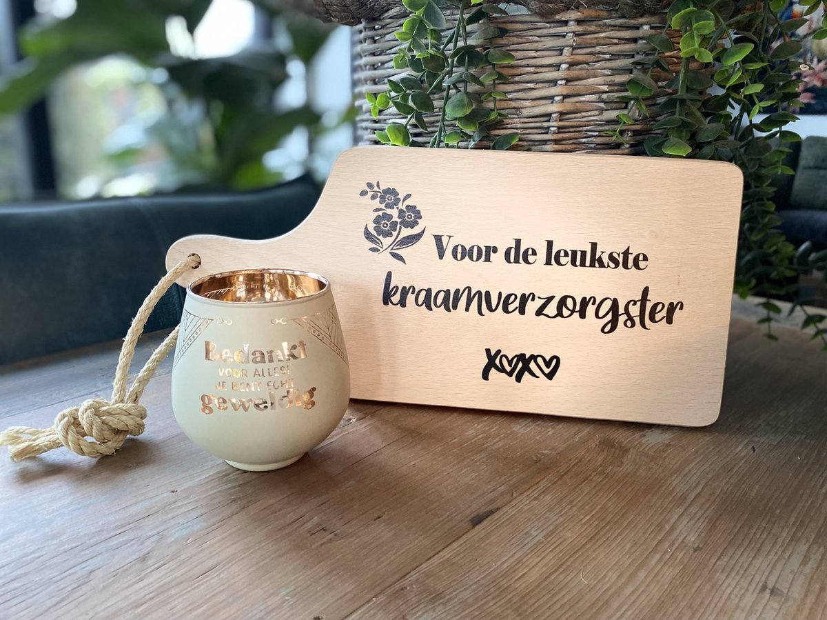 Creaties van Hier - theelichthouder - serveerplank - bedankt - kraamverzorgster - 35 cm - hout - glas