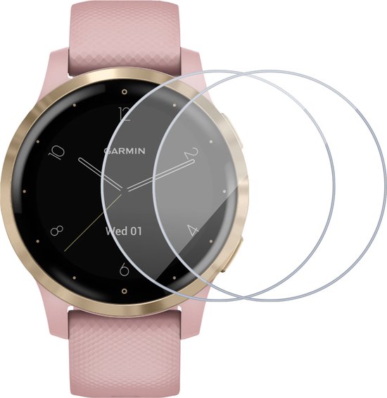 Twee screenprotectors op een roze Garmin Vivoactive 4S smartwatch.