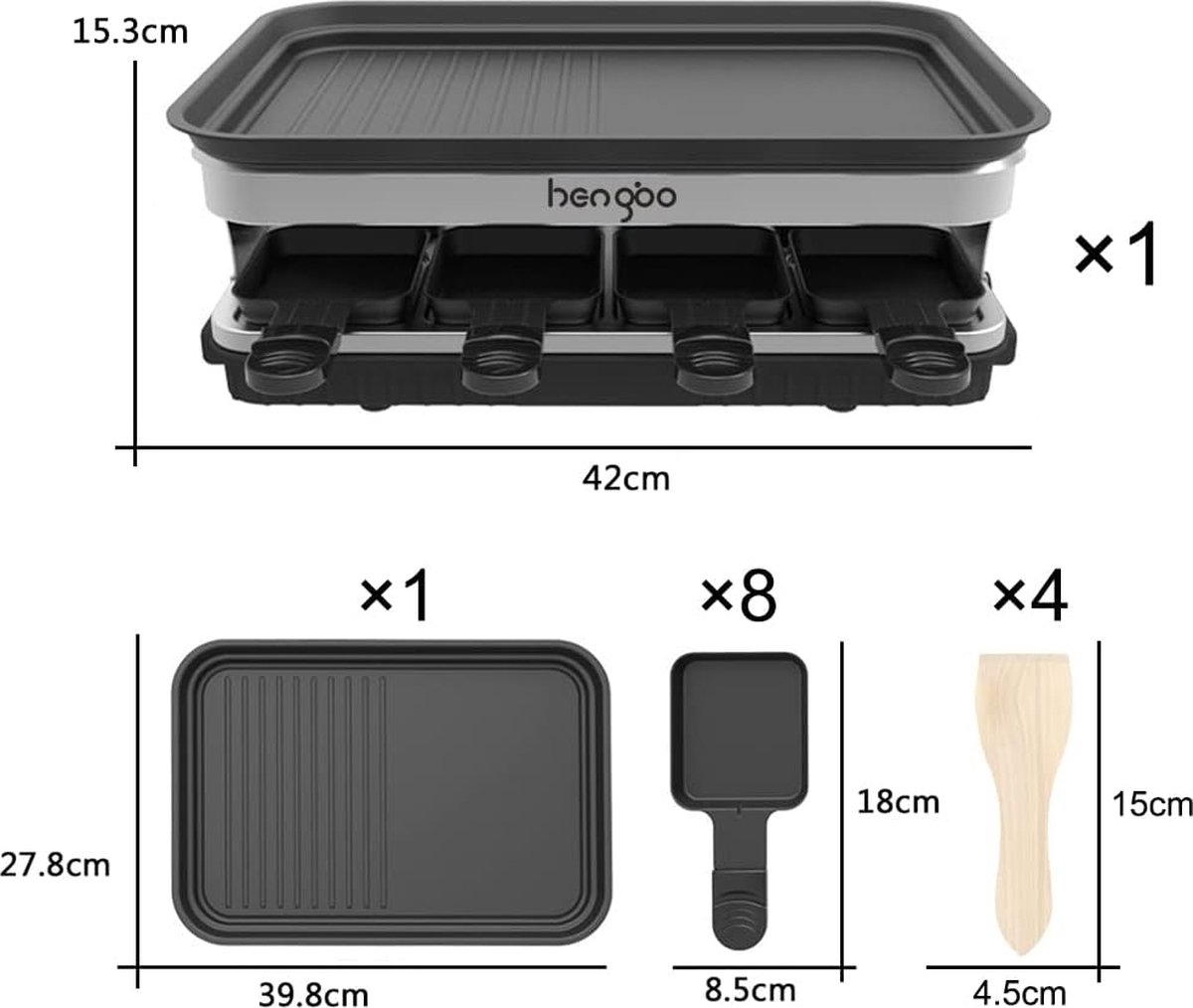 HengBO Appareil à raclette pour 6, 8, 10 personnes, avec 8 poêles