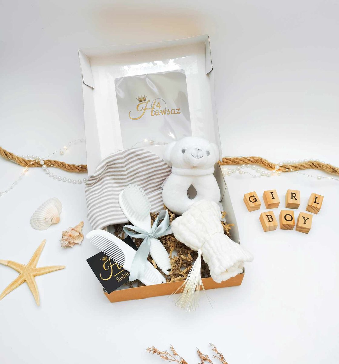 Goedkoopste Genderneutraal kraamcadeau 5 stuks - Hawsaz.nl cadeau - Babyset - Gepersonaliseerde cadeau - Babyerzorging - Beren rammelaar - bijtring- Baby knuffel - Geboortecadeau - babyshower - Kraampakket - Babygeschenkset - kam en borstel set met naam