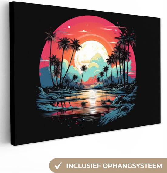 Canvas Schilderij Retro - Bomen - Stenen - Water - Zon - Zwart - 60x40 cm - Wanddecoratie