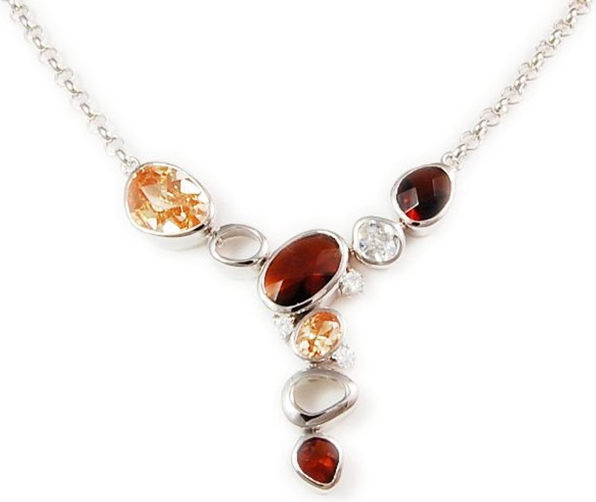 Zilveren ketting collier met gekleurde zirkonia's.