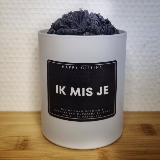 Ik mis je - Soja was geurkaars - Zwarte roos - Kaarsglas mat wit - Kaneel geur - 250 gram - 50 branduren - Geurkaars - Kaars - Kaars met tekst - Soja was – Soy wax – Handgemaakt – Cadeau – Cinnamon - Geschenk – Duurzaam