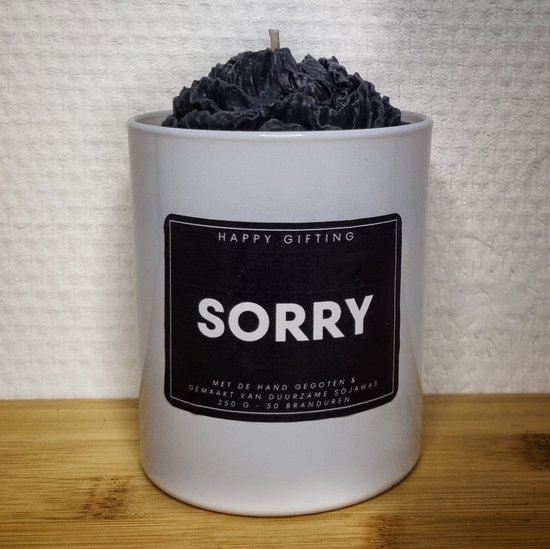 Sorry - Soja was geurkaars - Zwarte roos - Kaarsglas glanzend wit - Kaneel geur - 250 gram - 50 branduren - Geurkaars - Kaars - Kaars met tekst - Soja was – Soy wax – Handgemaakt – Cadeau – Cinnamon - Geschenk – Duurzaam