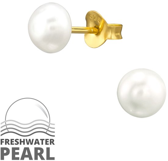 Joy|S - Zilveren parel oorbellen - 6 mm - fresh water pearl - 14k goudplating