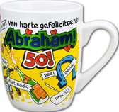 Mok - Bonbons - Hoera Abraham - Cartoon - In cadeauverpakking met gekleurd lint