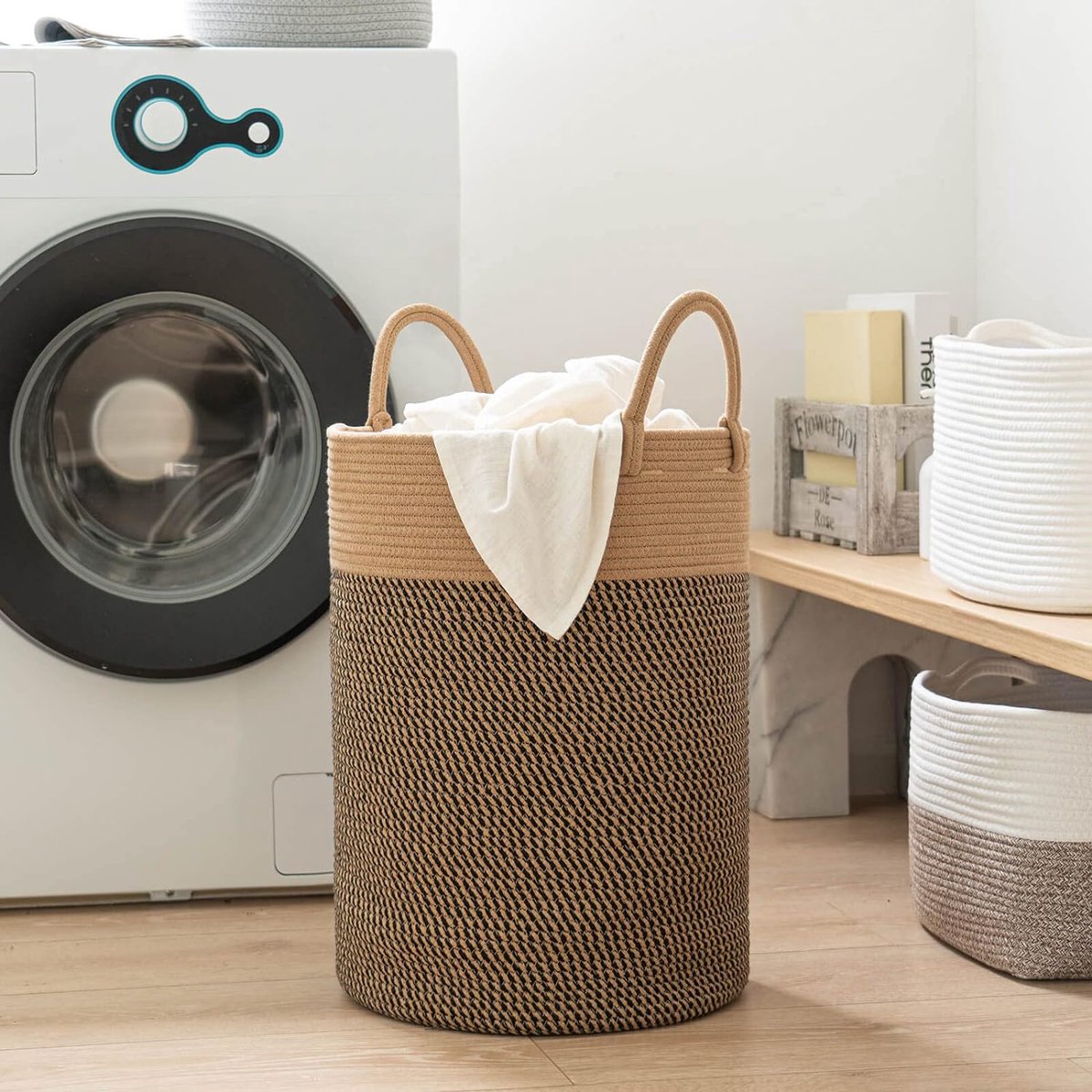 Goodheim Wasmand, gevlochten opvouwbare wasmand met handvat, opbergmand voor wasgoed, speelgoedmand van katoen, wasverzamelaar voor woonkamer, kinderkamer, grijs verloop met leren handvat