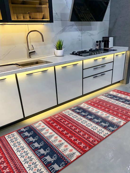 Vloerkleed 65x180cm - Kerst rendieren - Wasbaar Antislip - Laagpolig Zacht Tapijt- De