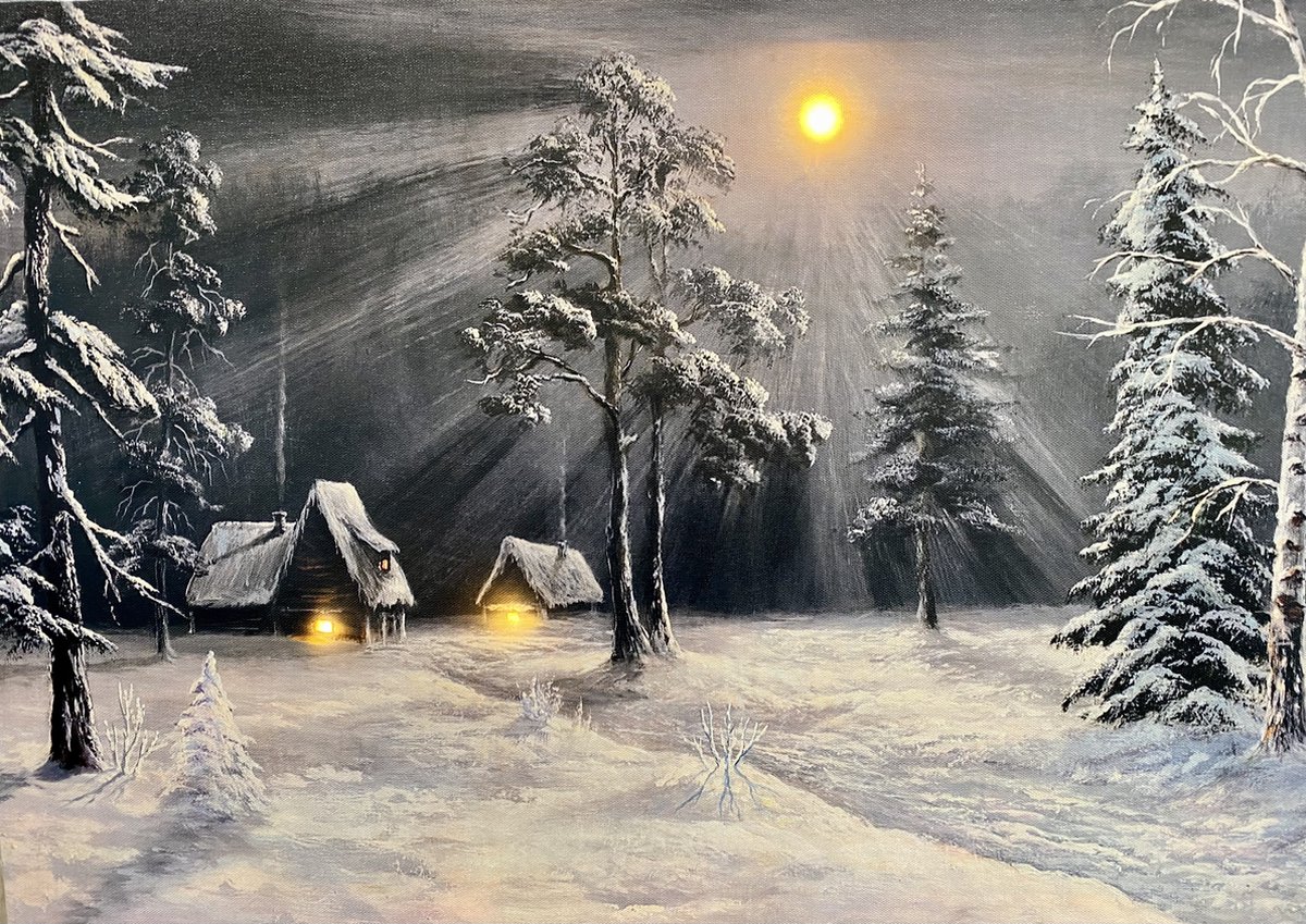 Schilderij groot met led verlichting - Canvas op houten frame - Huisjes in donker bos bij maneschijn - 3 x LED - 60x40cm - Kersthuisjes en Kerstdorp met verlichting