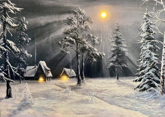 Schilderij groot met led verlichting - Canvas op houten frame - Huisjes in donker bos bij maneschijn - 3 x LED - 60x40cm - Kerstdorp