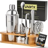 UNBOX Cocktail Set - Cocktail Shaker - Cocktailset met Bamboe Standaard - Inclusief Receptenboek & Cadeauverpakking