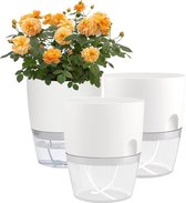 Kunststof kruidenpot met irrigatiesysteem, set van 3 bloempotten, zelfbewaterende potten met onderzetter, moderne plantenpot voor kamerplanten, bloemen en kruiden (15,2 cm, wit)
