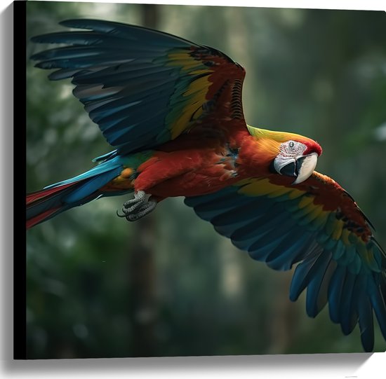 Canvas - Vliegende ara papegaai in tropisch regenwoud - 60x60 cm Foto op Canvas Schilderij (Wanddecoratie op Canvas)