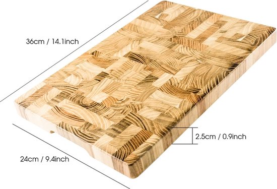 Bill.F Houten snijplank met schaakbordpatroon en handgrepen aan de zijkant, 36 x 24 x 2,5 cm, ideale snijplank voor het snijden van vlees, groenten, kaas en brood
