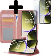 Hoesje Geschikt voor OnePlus Nord CE 3 Lite Hoesje Book Case Hoes Wallet Cover Met Screenprotector - Hoes Geschikt voor OnePlus Nord CE 3 Lite Hoesje Bookcase Hoes - Rosé goud