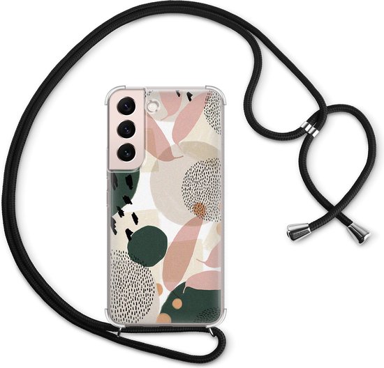 Hoesje met koord - Geschikt voor Samsung Galaxy S22 - Abstract print - Verstelbaar zwart koord - Crossbody - Print / Illustratie - Transparant, Beige - Leuke Telefoonhoesjes