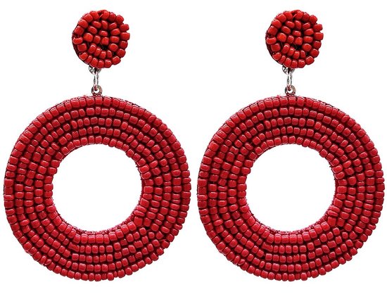 Boucles d'oreilles Statement Rondes - Perles - 7 cm - Rouge