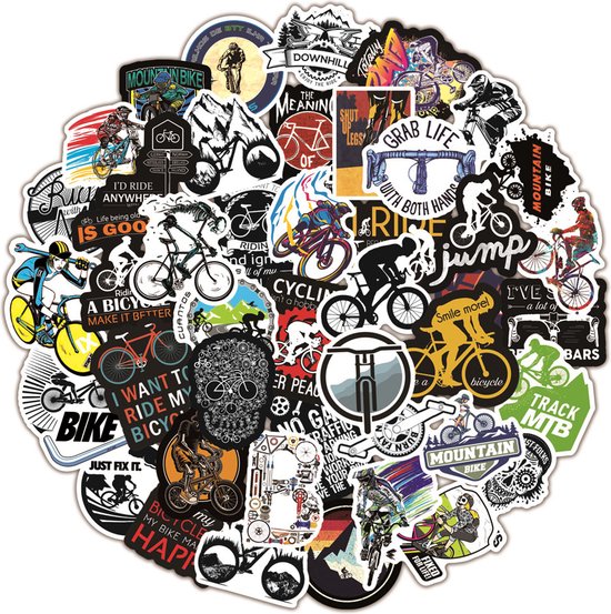 Mountainbike Fietsen Stickers - 50 stuks - met afbeeldingen en Grappige Teksten - Leuk cadeau voor fietsliefhebber cadeau geven