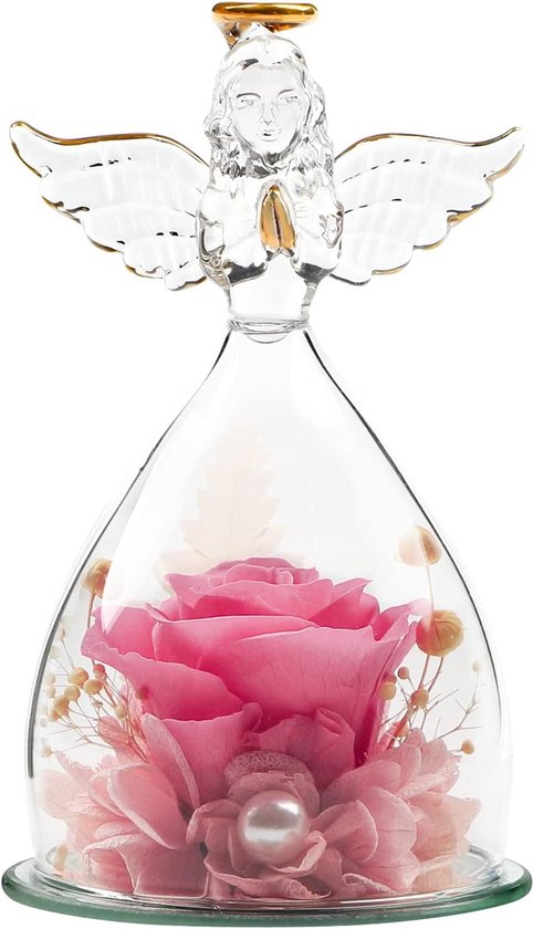 Geconserveerde roos in engelfiguur van glas in glazen koepel - nieuwe handgemaakte roos roze bloem met kralen verfraaiing - shady cadeau voor haar voor verjaardag trouwdag Kerstmis (12,5 cm)