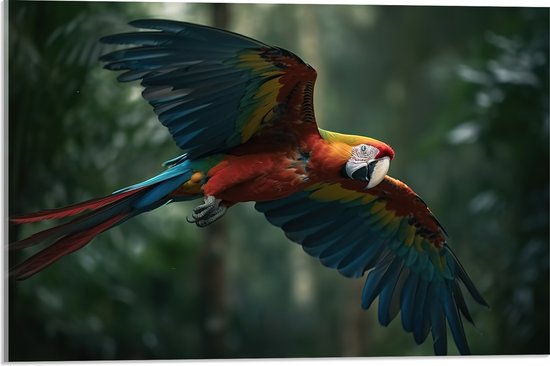 Acrylglas - Vliegende ara papegaai in tropisch regenwoud - 60x40 cm Foto op Acrylglas (Met Ophangsysteem)