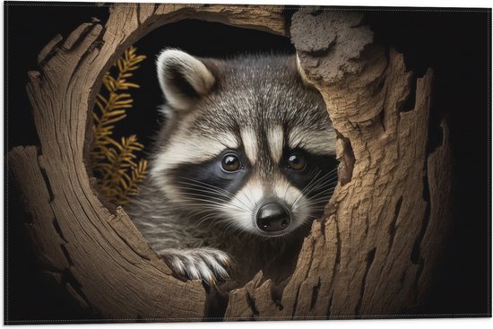 Vlag - Wasbeer kijkt door gat in boom - 60x40 cm Foto op Polyester Vlag