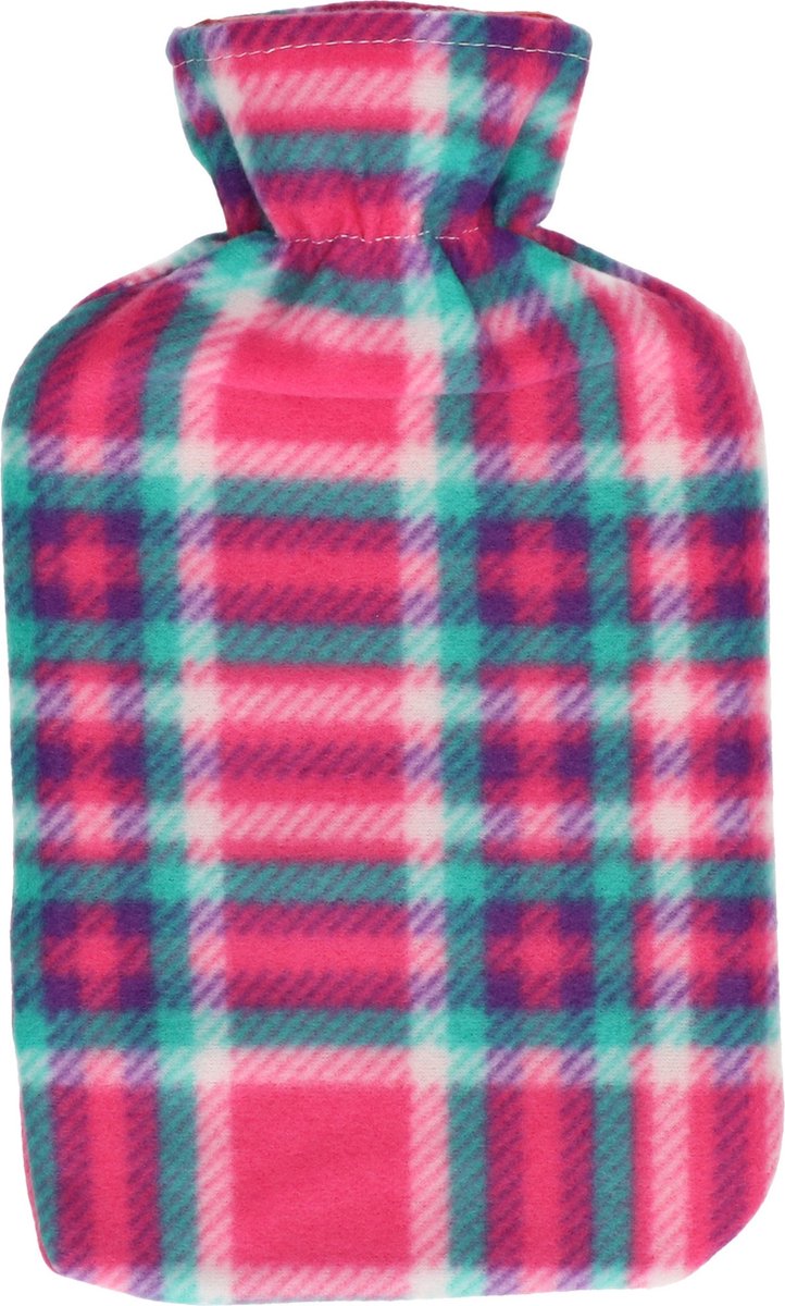 Goedkoopste Water kruik met fleece hoes roze Schotse ruit print 1,7 liter - 35 x 18 cm - Warmwaterkruiken - Warmtekruik - Bedkruik