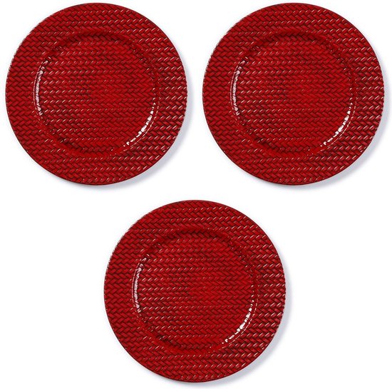 3x Ronde rode kaarsenplateaus/kaarsenborden met gevlochten patroon 33 cm - onderborden / kaarsenborden / onderzet borden voor kaarsen