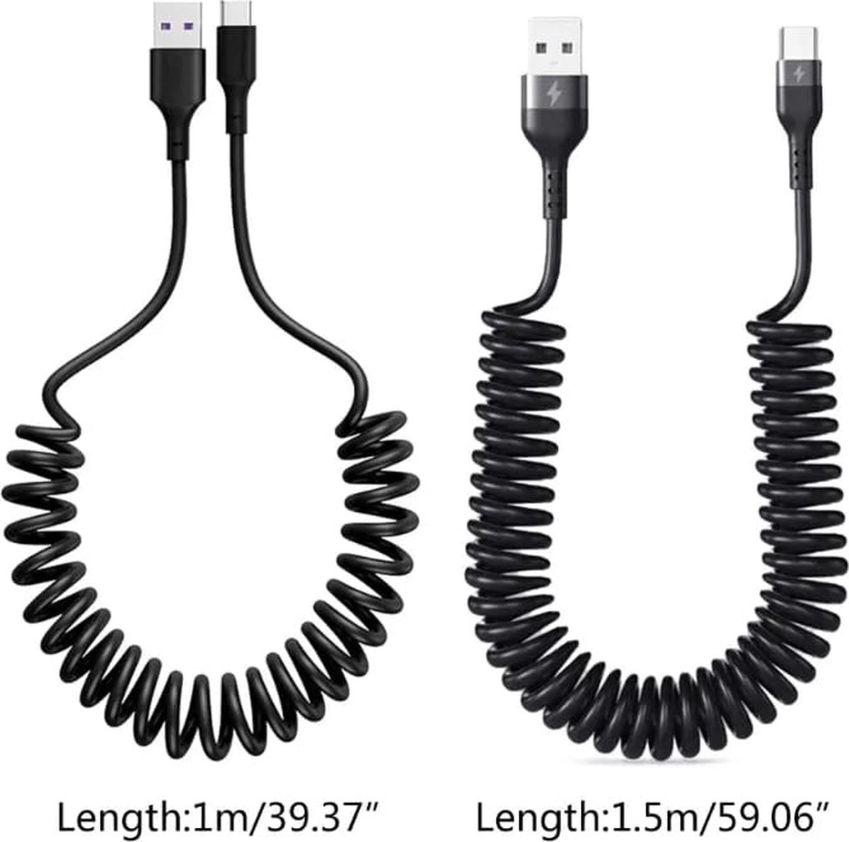 VCTparts Oplaadkabel Auto Rekbare USB 3.0 naar USB-C Krulsnoer Veer 1 ...