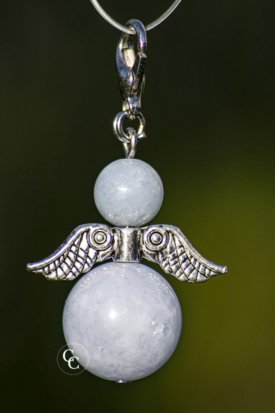 Ange gardien fabriqué avec Aquamarijn (pierre semi-précieuse), couleur argent, ange chanceux.