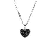 Lucardi Dames Stalen ketting hart met kristal zwart - Ketting - Staal - Zilverkleurig - 47 cm