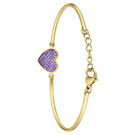 Lucardi Dames Stalen goldplated armband hart met kristal violet - Armband - Staal - Goudkleurig - 20 cm