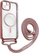 Apple iPhone 12 Magnetisch Hoesje Met Lensbeschermer en Touwtje/koord- Magsafe - Magneet Case Met Ring en camera cover transparant met gekleurde rand -roze