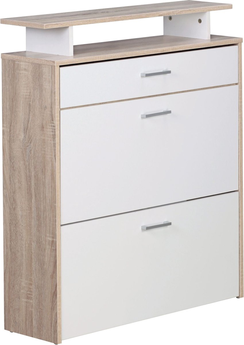 Rootz Schoenenrek met Lade - Modern Sonoma Eiken - Smalle Schoenenopbergkast - Halkast Schoenenrek Plank - 80x95x24 cm