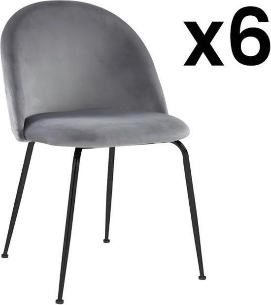 Set van 6 stoelen MELBOURNE - Fluweel en mat zwart metaal - Grijs L 50 cm x H 77 cm x D 55 cm