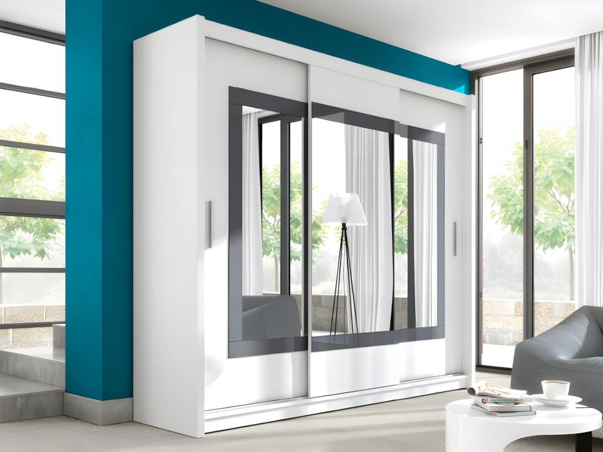 Vente-unique Kast met 3 schuifdeuren - met spiegel - L. 250 cm - Kleur: wit - AUTLAN