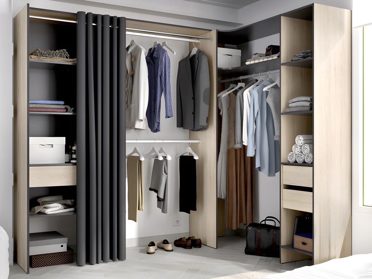 Vente-unique Verstelbare kledingkast GONTRAN - L164 / 214 CM - Eiken en antraciet
