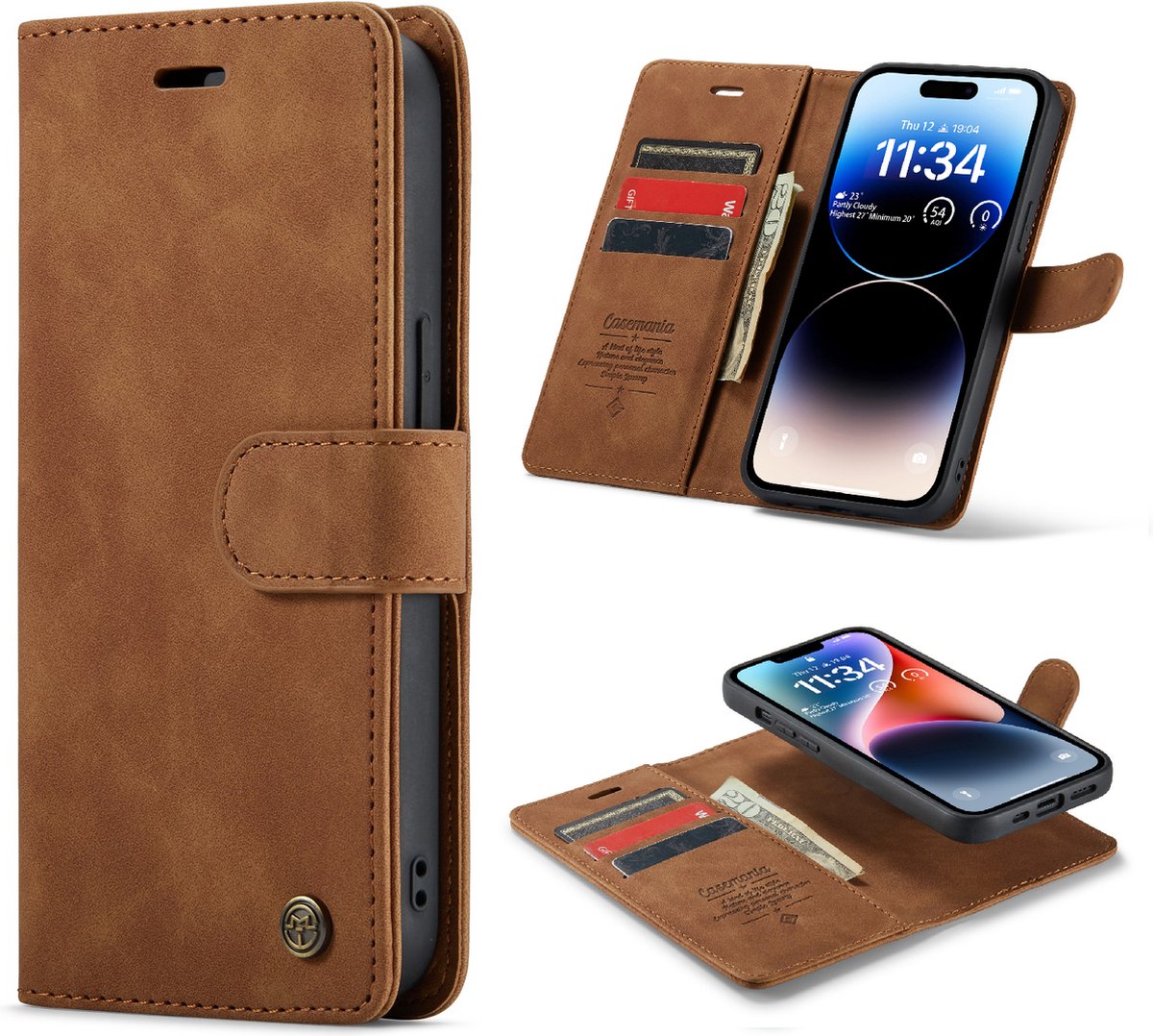 Casemania Hoesje Geschikt voor Apple iPhone 15 Sienna Brown - 2 in 1 Magnetic Book Case