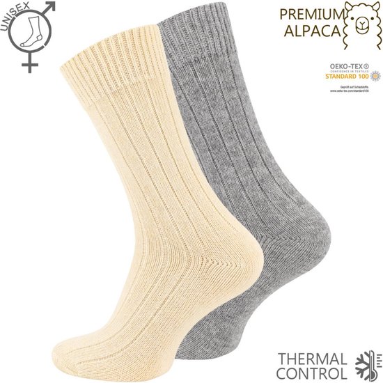 2 paar Wollen sokken met Alpacawol - Fijn gebreid - Unisex - Ecru-Grijs - Maat 35-38