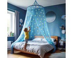 Blauwe Klamboe met 67 Glow in the Dark Sterren - Blauw Hemelbed voor Kinderkamer of Volwassenen - Sterrenhemel Sluier, Hemeltje en Bedtent - Baby Muggennet Decoratie