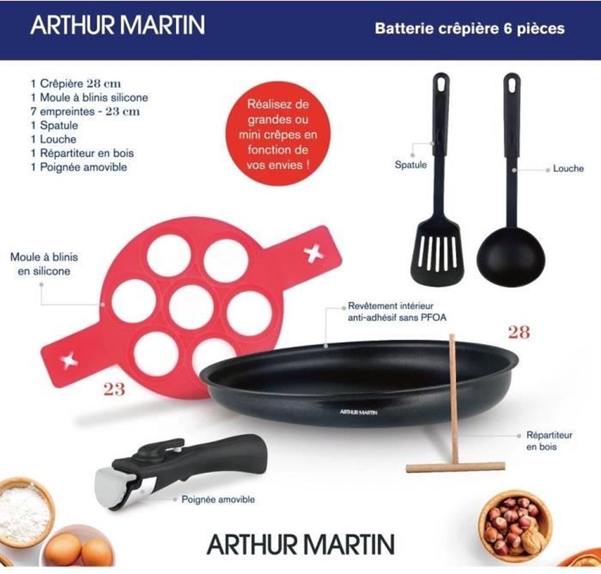 Arthur Martin AM5563 Set de casseroles 6 pièces - Crêpière 28 cm -  Aluminium - Manche