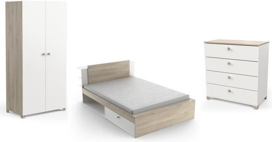 Complete volwassen slaapkamer LIFE: Bed + Ladekast + Kleerkast - Eiken en wit decor - Made in France - DEMEYERE