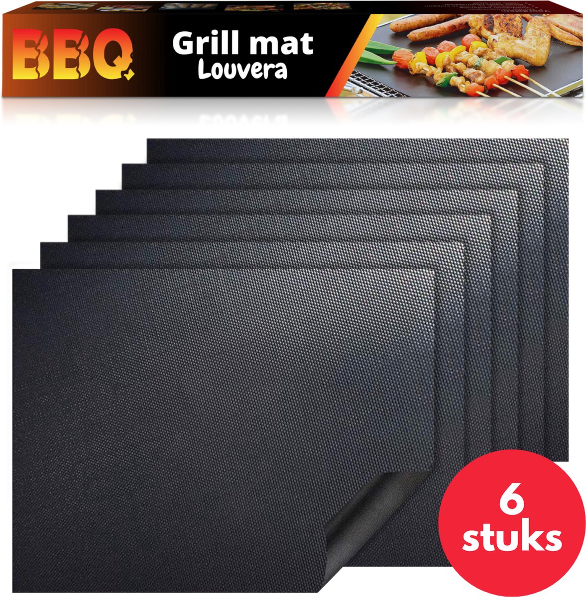 Louvera Barbecue Mat - Grill Mat - BBQ Mat - Herbruikbaar en niet-klevend - 6 stuks - Vaatwasser bestendig - 40 x 33 cm - Zwart