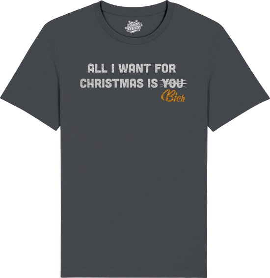 All i want for Christmas is beer - Foute Kersttrui Kerstcadeau - Dames / Heren / Unisex Kleding - Grappige Kerst Outfit - Glitter Look - T-Shirt - Unisex - Mouse Grijs - Maat 4XL