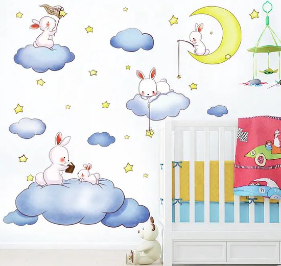Muursticker-Muurdecoratie-Wanddecoratie-Babykamer-Kinderkamer-Slaapkamer-Dieren-Konijn-Maan-Hemel-60x90cm